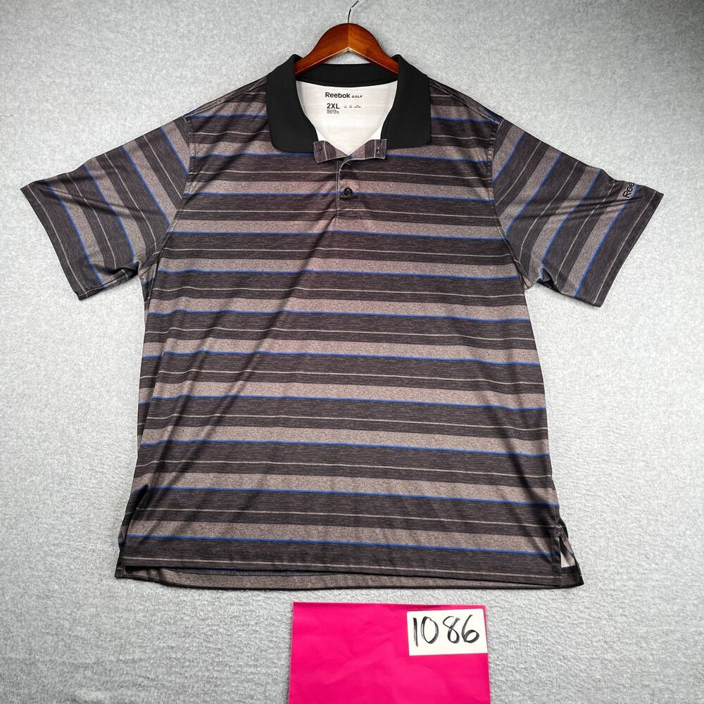 Reebok Golf Performance Polo Shirt Mens XXL Gray Blue Striped Casual Stretch